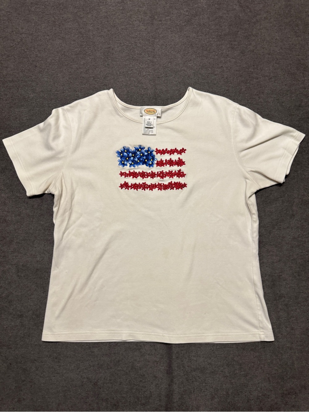 Tablets vintage White Tee with Red & Blue Floral American Flag Design